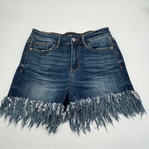 Judy Blue Mid Rise Frayed Hem Classic Blue Denim Shorts